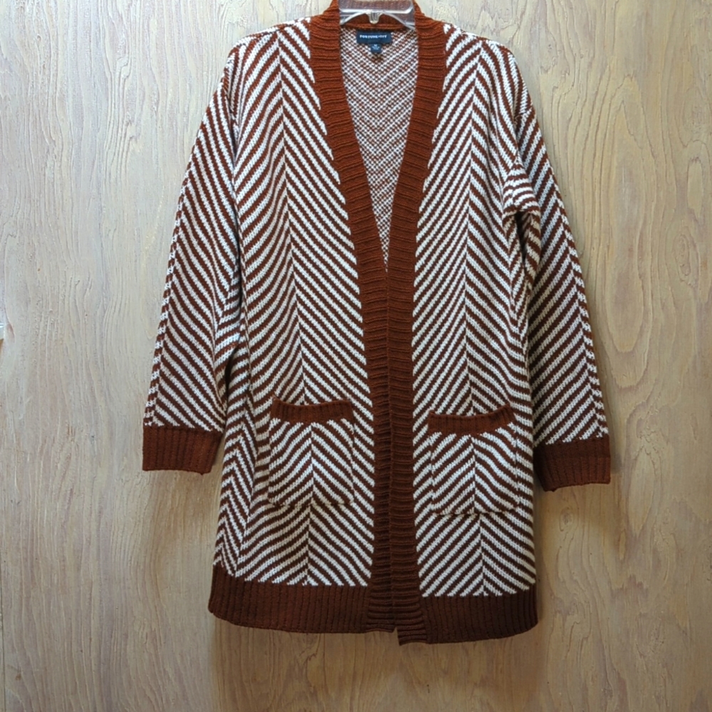 Stitch Fix Fortune & Ivy  Brown and White Herringbone Open Cardigan size M